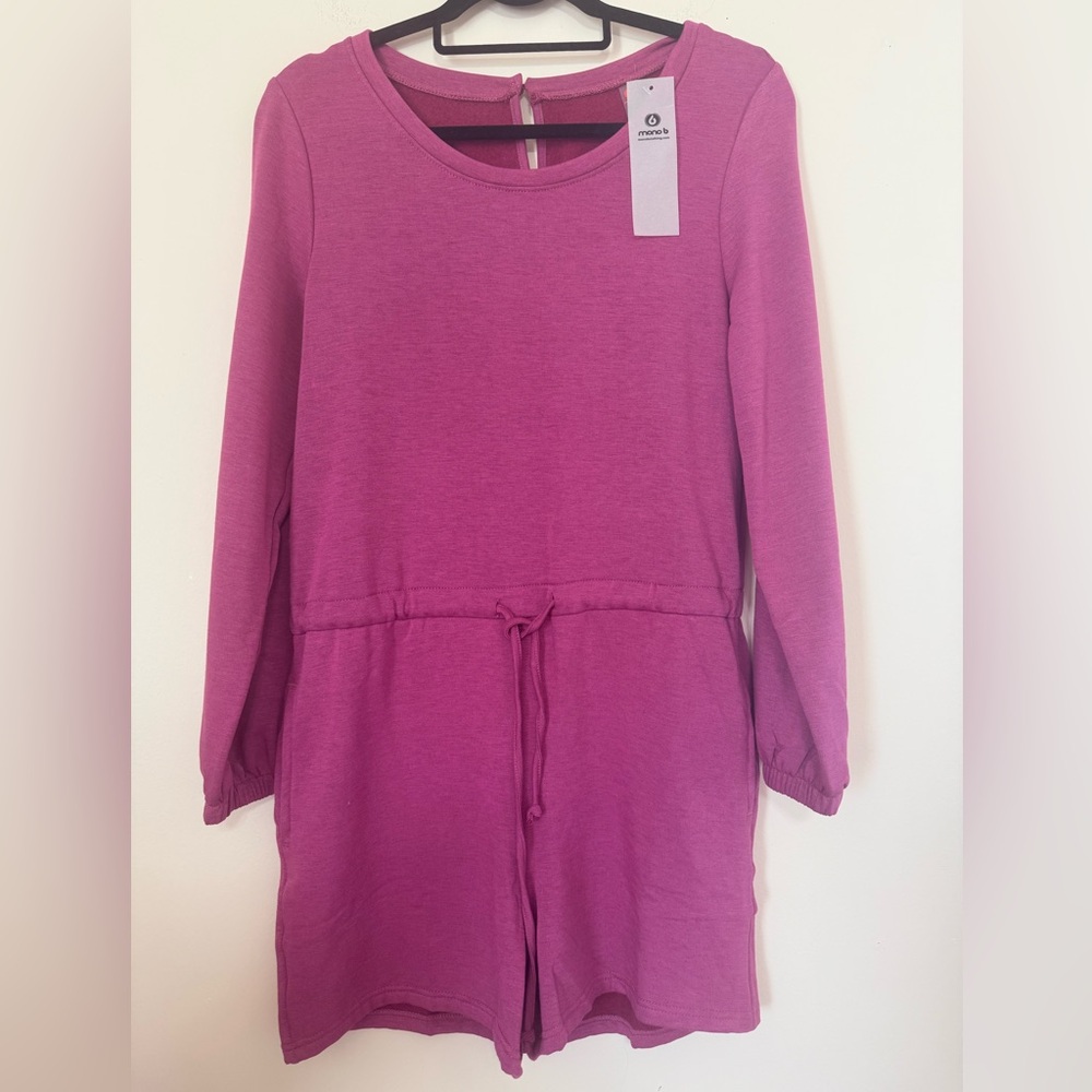 Mono B Pink Long Sleeve Romper with Pockets and Drawstring Waist